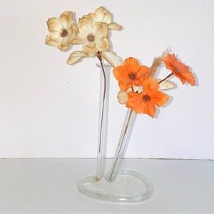 Vintage Delicate Clear Glass Tubular Heart Double Bud Vase